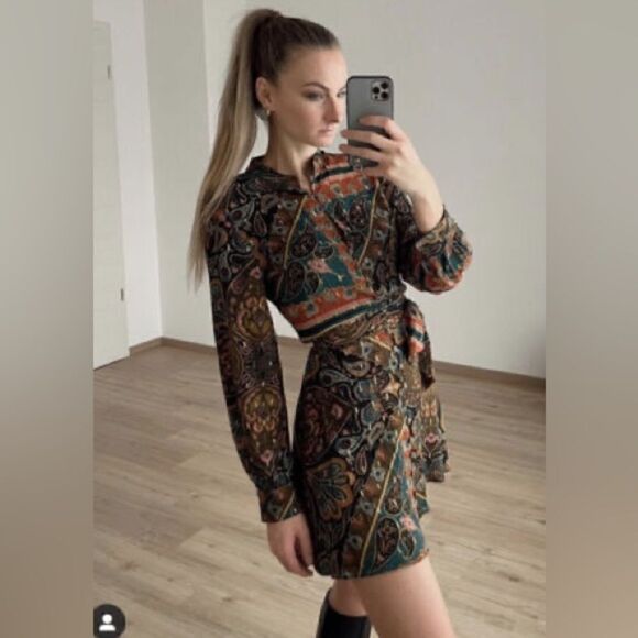 ZARA METALLIC THREAD PRINTED SHIRT DRESS - Picture 1 of 2